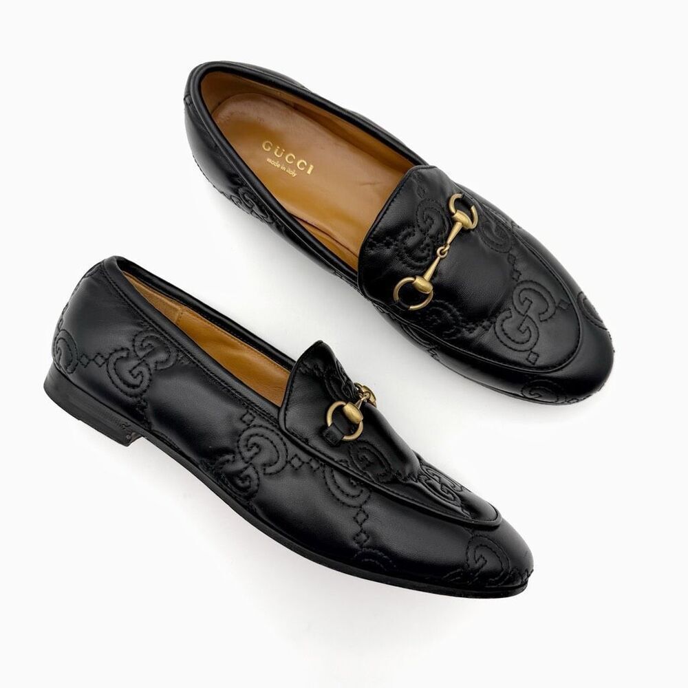 GUCCI Black Embossed Jumbo GG Leather Horsebit Jordaan Loafer Size 38 Flat